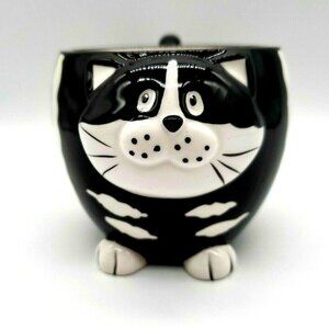 Pier 1 Chubby Cat Hand Painted Dolomite Black & White Coffee Mug Tea Cup